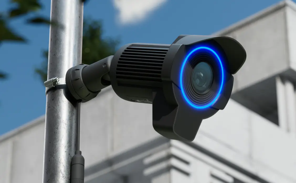 Kamera IP CCTV zamontowana na słupie przy budynku mieszkalnym