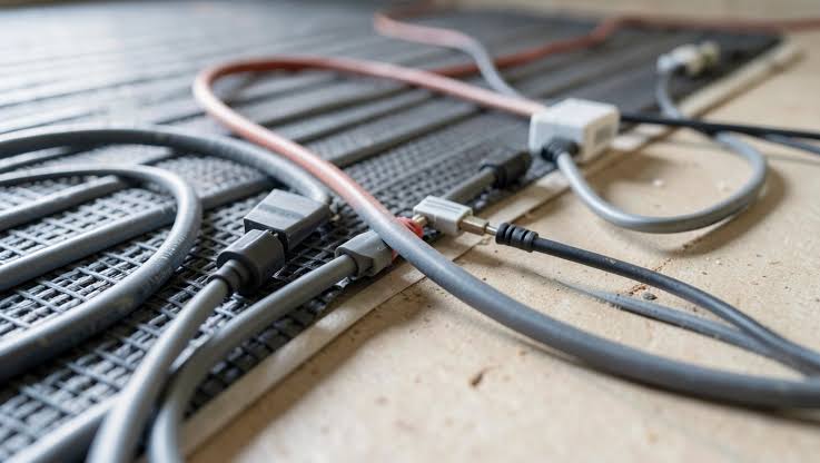 Kabel grzejny elektrycznego ogrzewania podłogowego ułożony na siatce przed wylewką